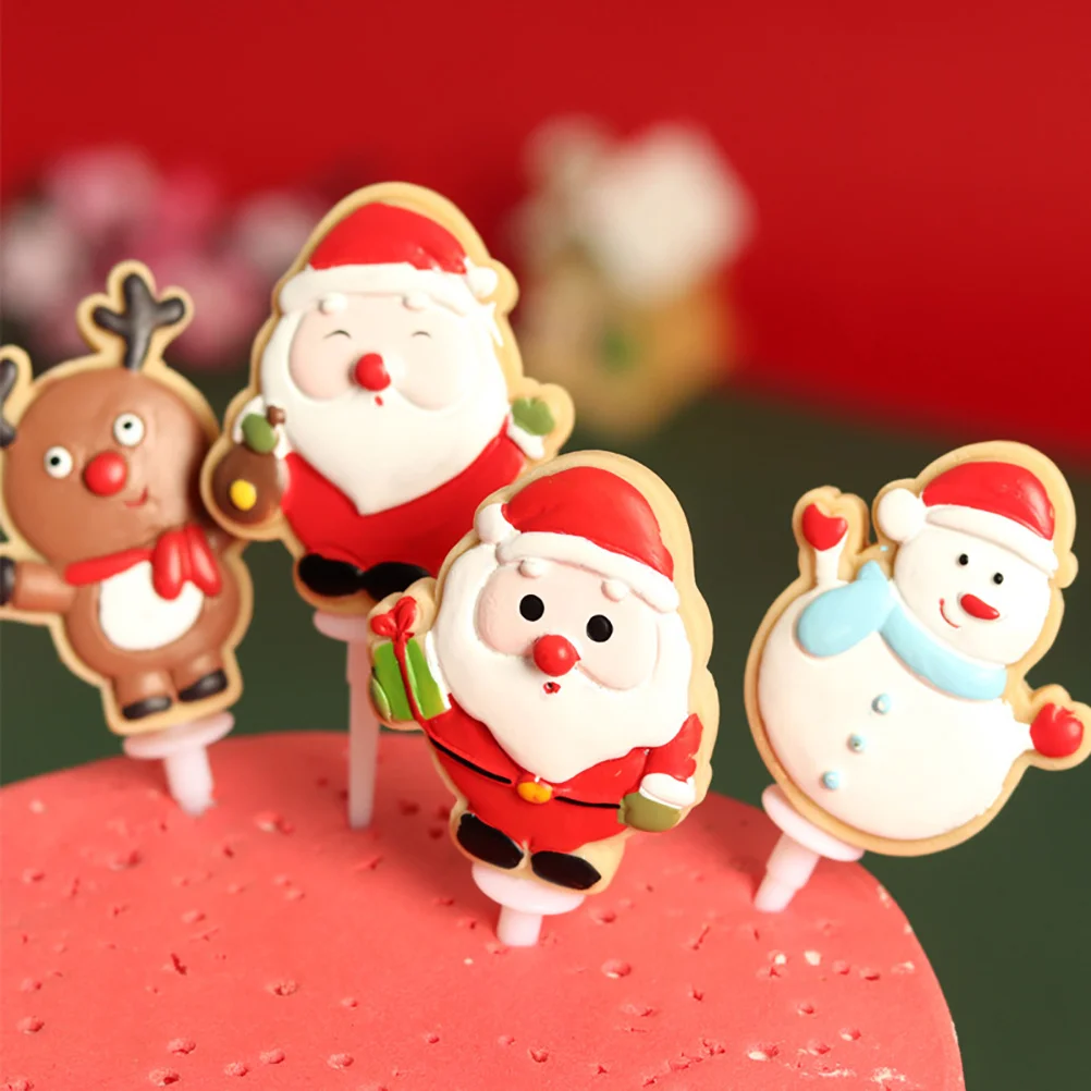 

4Pcs Christmas Cake Toppers Resin Bright Cartoon Theme Party Cake Decor Dessert Picks Party Supplies Dessert Picks