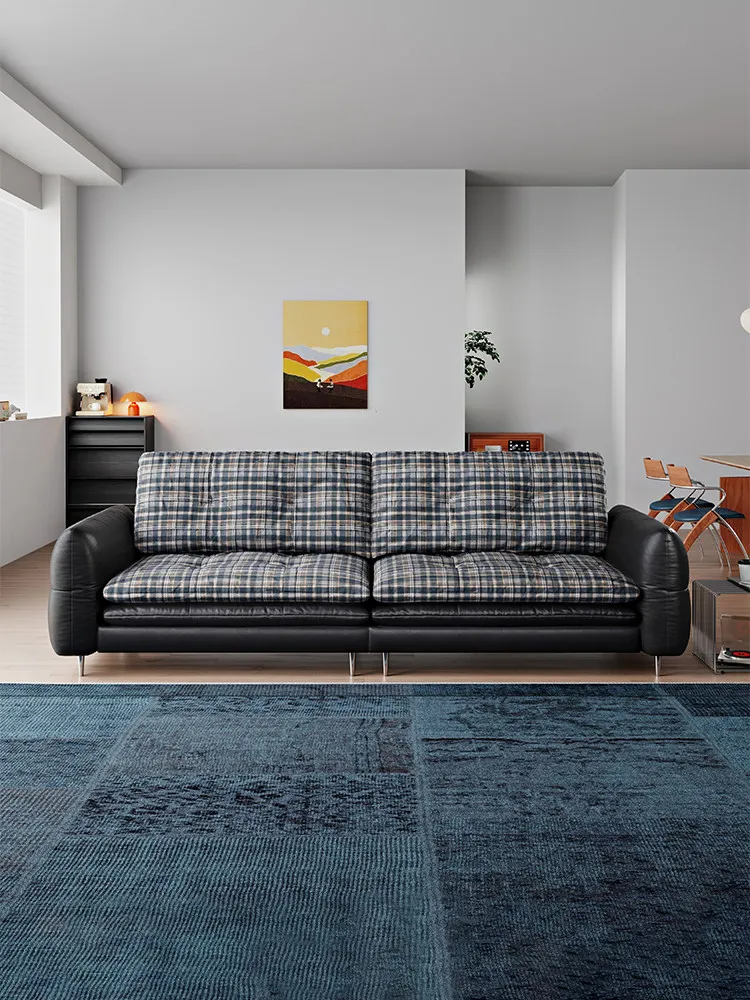 Lingrou antique leather sofa, living room fabric sofa, straight row, two-sided switching, multi-functional bag burger sofa