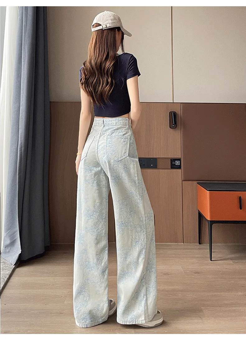 new spring autumn casual Embroidery female women girls high waist wide leg jeans