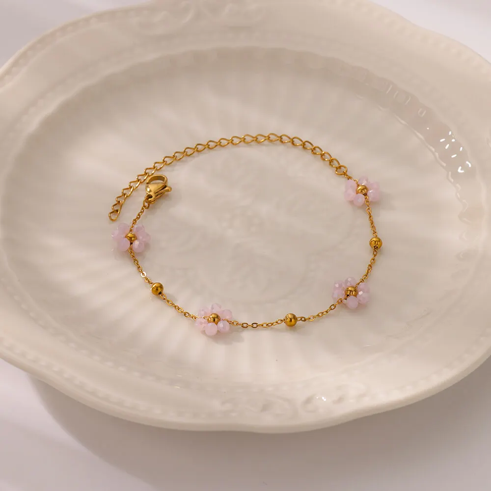 Beads Flower Bracelet for Women Stainless Steel Gold Color Pendant Bracelet Femme Vintage Boho Wrist Jewelry Accesorios pulseras