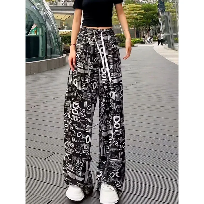 

Ladies High Waist Slim Casual Pants With Irregular Fashion Letters Printed Summer Loose Straight Wide-Leg Pants Mopping Floor