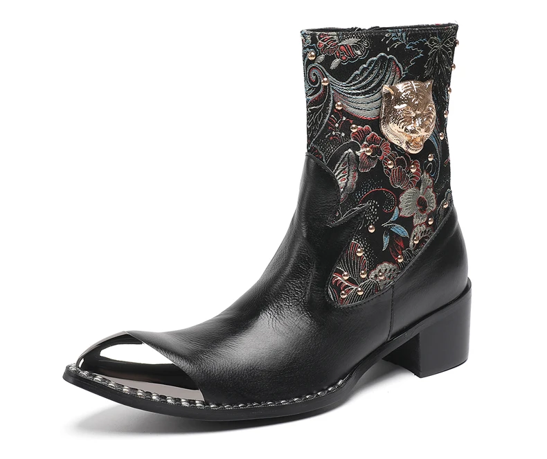 Britische Metall Spitzschuh Party Club Mann Schuhe Rot Motorrad Reißverschluss Stiefeletten Plus Größe Hochzeit Party Echtes Leder Kurzer Stiefel – Detail 4