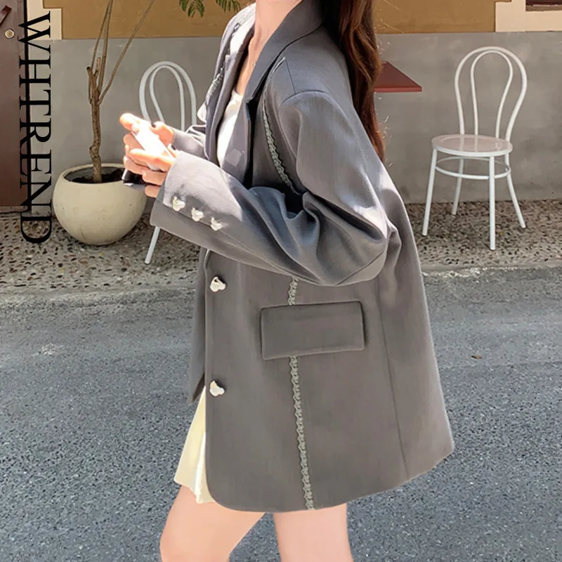 

WHTREND кружевные лоскутные пиджаки для женщин с зубчатым воротником, однобортные офисные женские шикарные пальто серого цвета WH2095