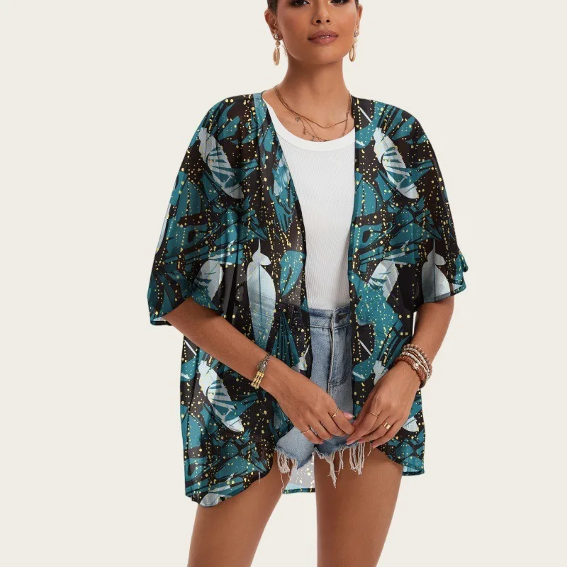 

Women's Plus Size Floral Print Lightweight Chiffon Kimono Cardigan Short Sleeve Loose Beach Wear Cover Up Blouse Top Plus Size