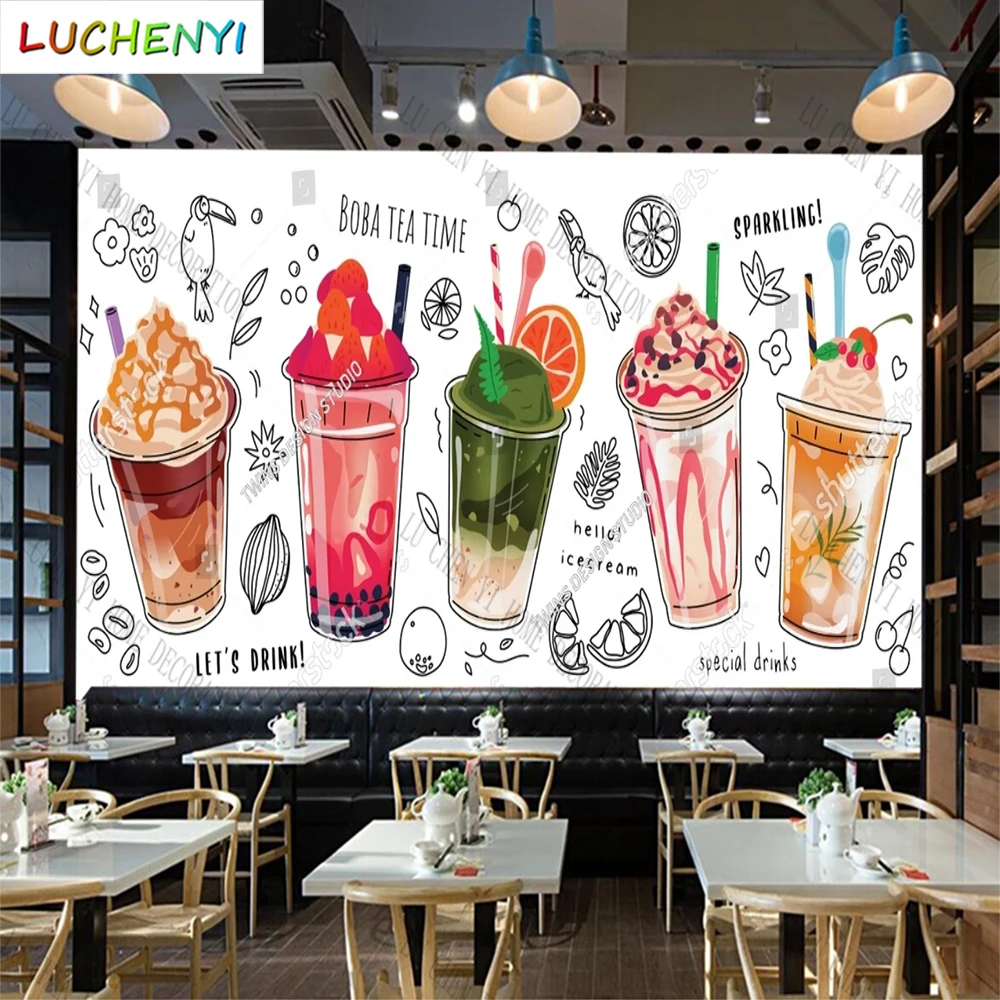 Custom fruits tea bubble tea ice cream mural wallpaper restaurant cold drinking shop dining room wall papers home decor sticker