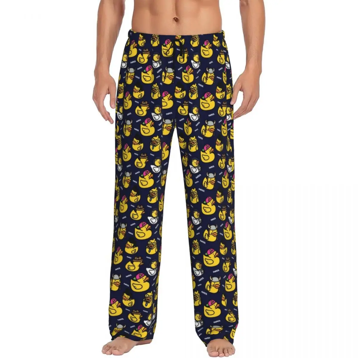 Custom Cartoon Animal Rubber Duck Pajama Pants Men\'s Lounge Sleep Stretch Sleepwear Bottoms with Pockets