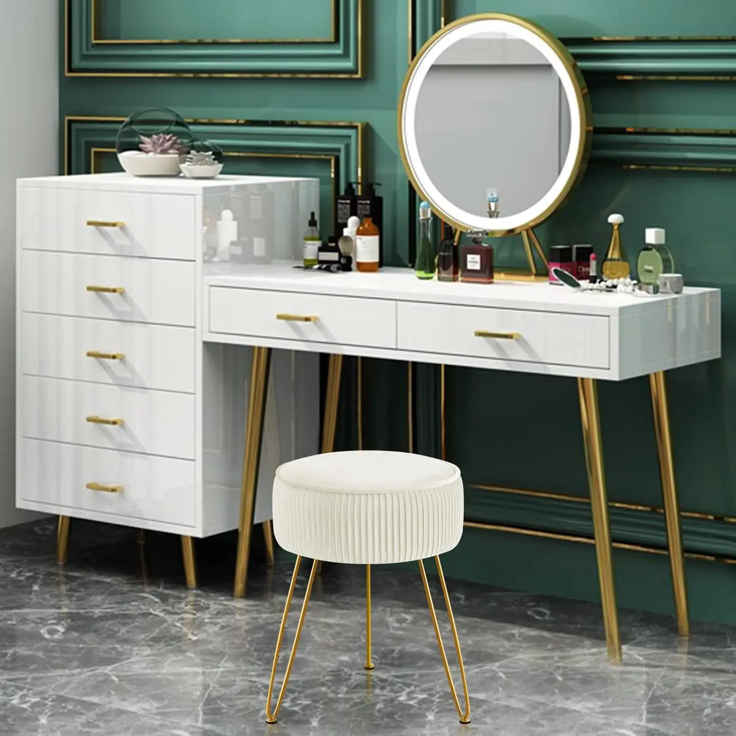 

Gerant Multifunctional Vanity Stool,Modern Vanity Stools For Makeup Room,Velvet Round Ottoman Footrest Stool With Metal Legs,