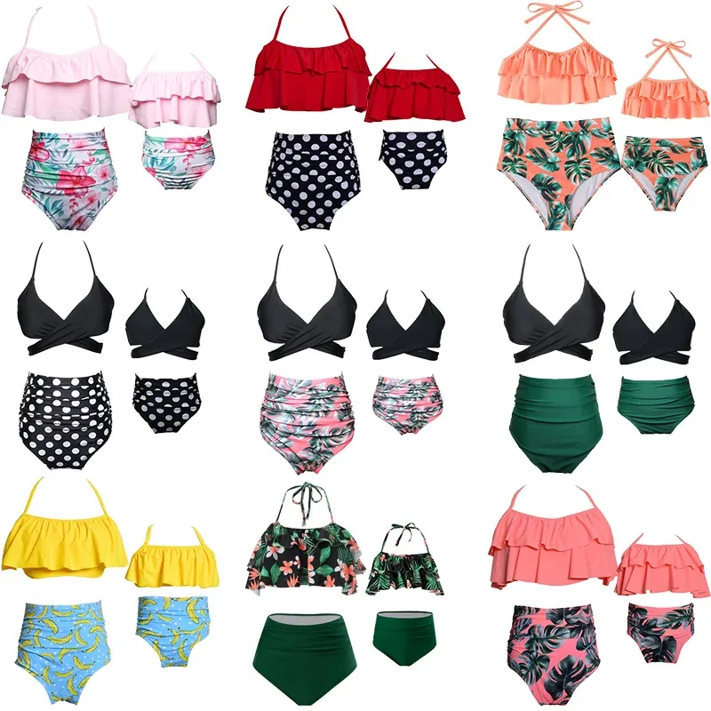 

Holiday Floral Ruffle Style Bikini for Family Mom and Girls High Waist Swimsuit Women Kids Swimming Trunks Dot Print Swimwear