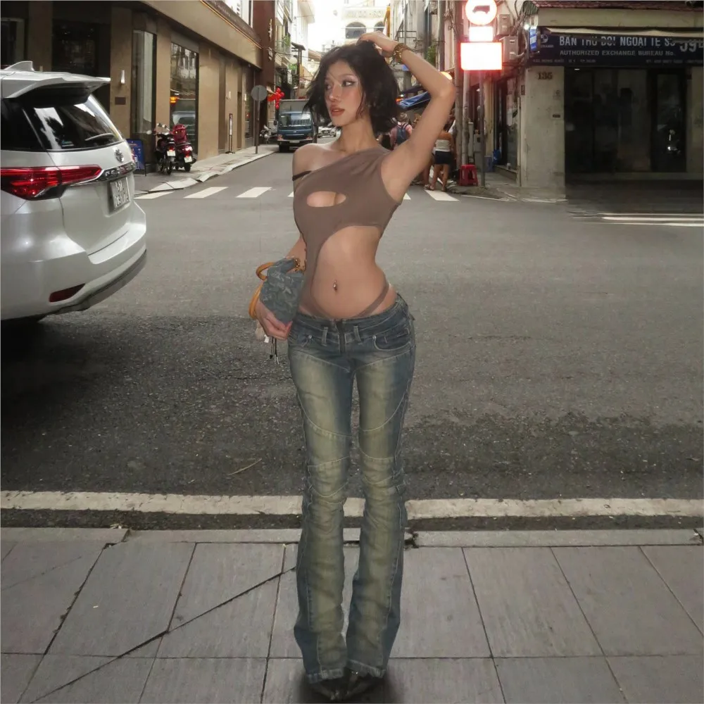 여성 의류 트렌디 빈티지 청바지 스트릿 스타일 로우 웨이스트 팬츠 슬림 롱 팬츠 여성용 패치워크 올매치 솔리드 컬러