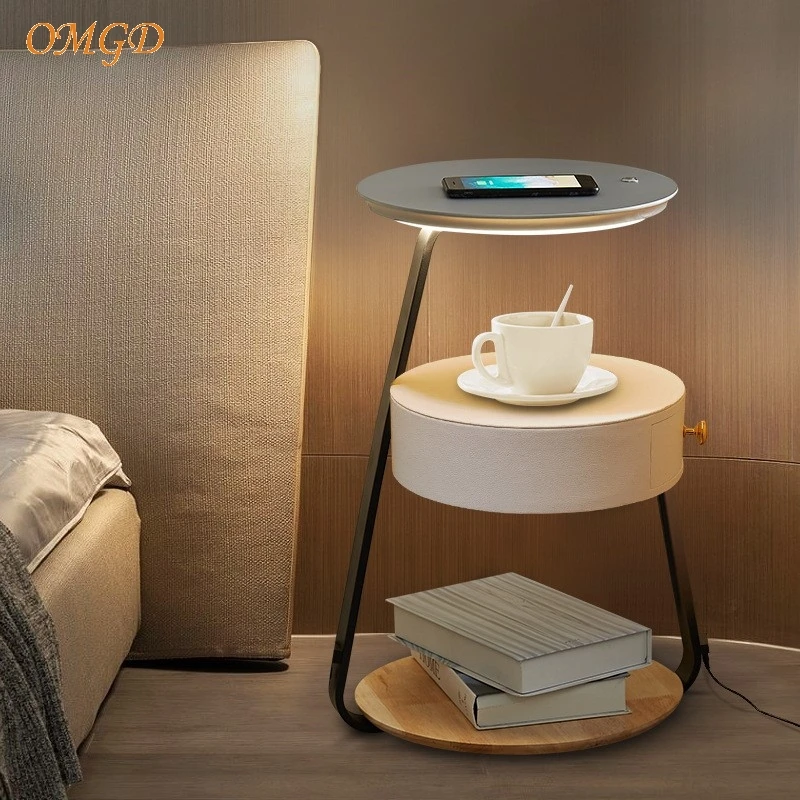 OMGD-Lámpara de pie para sala de estar, sofá, dormitorio, carga inalámbrica, diseño creativo de estante, mesita de noche, muebles en uno, noticias