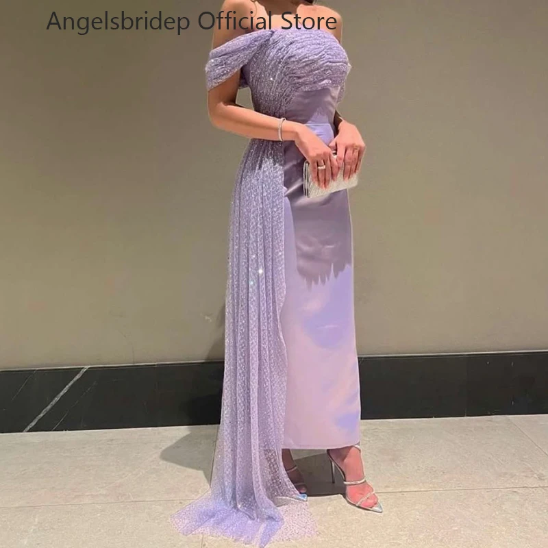 

Angelsbridep Lilac Satin Mermaid Evening Dresses Off The Shoulder With Dotted Tulle Prom Party Beauty Pageant Dresses Back Split