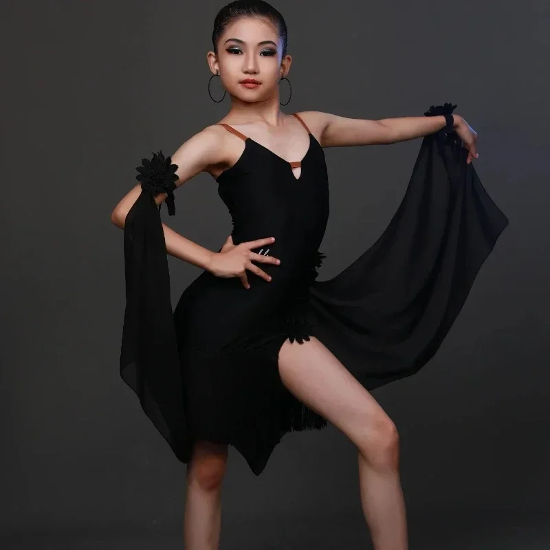 Nuevo vestido de baile latino con borlas para niños, ropa para niñas Cha Samba Tango, salón de baile, Rumba, traje de actuación de competición para niñas