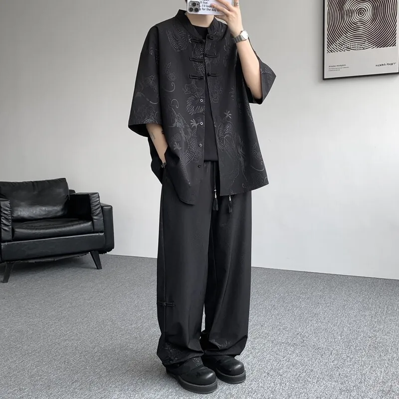 Men's Summer Dragon Pattern Mandarin Collar Shirt And Pants Set Breathable Traditional Chinese Style Outfit plus Size M-XXXXXL