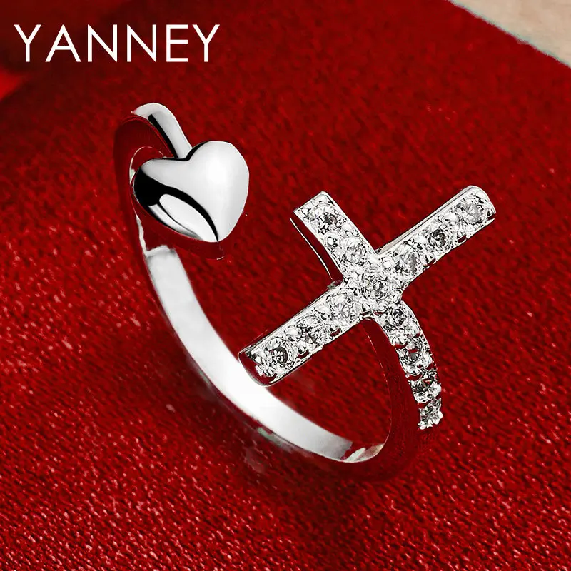 

New 925 Sterling Silver Open Cross Heart Zircon Women's Ring For Charm Girlfriend Engagement Fashion Jewelry Accessories