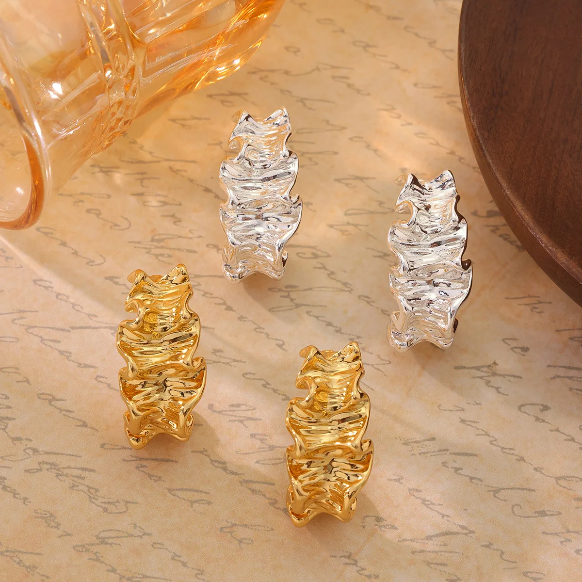 Irregular Pleated Geometric Shiny Gold and Silver Stud Earrings Simple Exaggerated Trendy Elegant Earrings