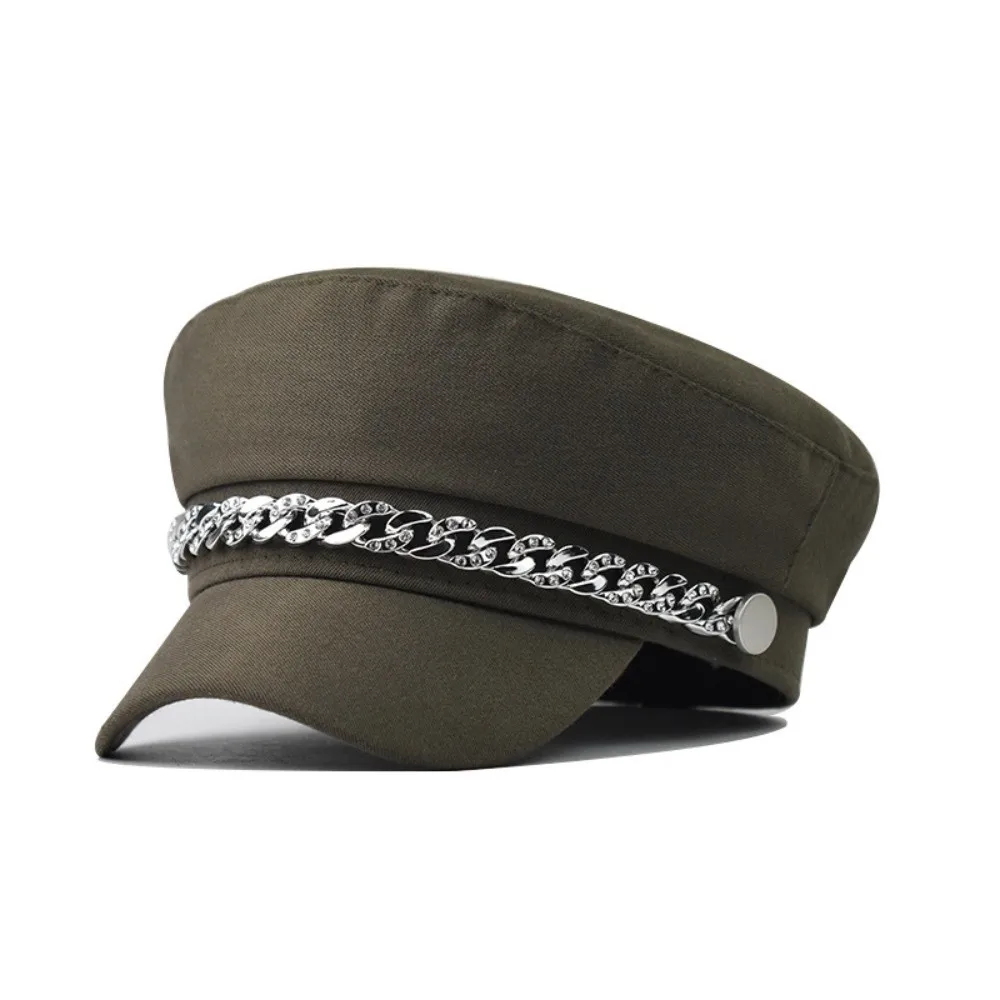 Retro Rhinestone Chain Decor Newsboy Cap Short Brim Vintage Twill Fabric Beret Hat Flat Top Flat Top Cap For Women