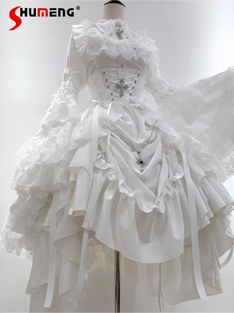 

White Gothic Ji Sleeve Shirt Skirt Cummerbund Set Autumn Women's Subculture Lolita Style Sweet Elegant Heavy Industry Outfits