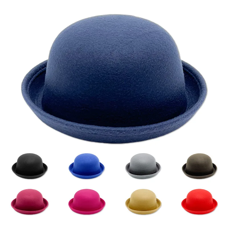 Japanese Style Round Top Bowler Hat Imitation Wool Cashmere Roll Brim Vintage Unisex Party Solid Color Short Dome Derby Cap