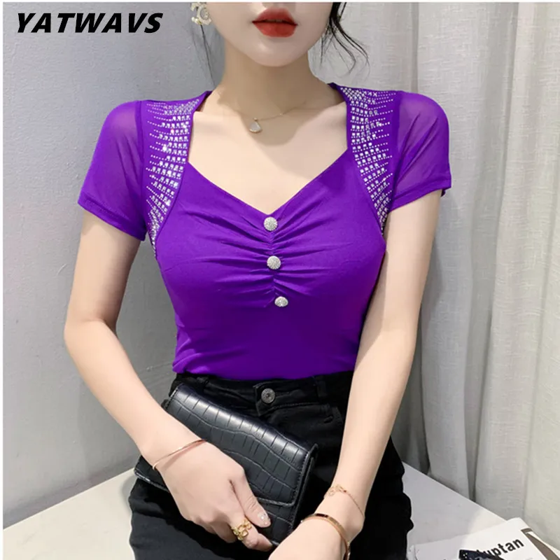 High Quality Summer V Necks Tshirts Sexy European Clothes Glitter Diamonds Women Short Sleeves Slim Ladies Mesh Office Tops Tees