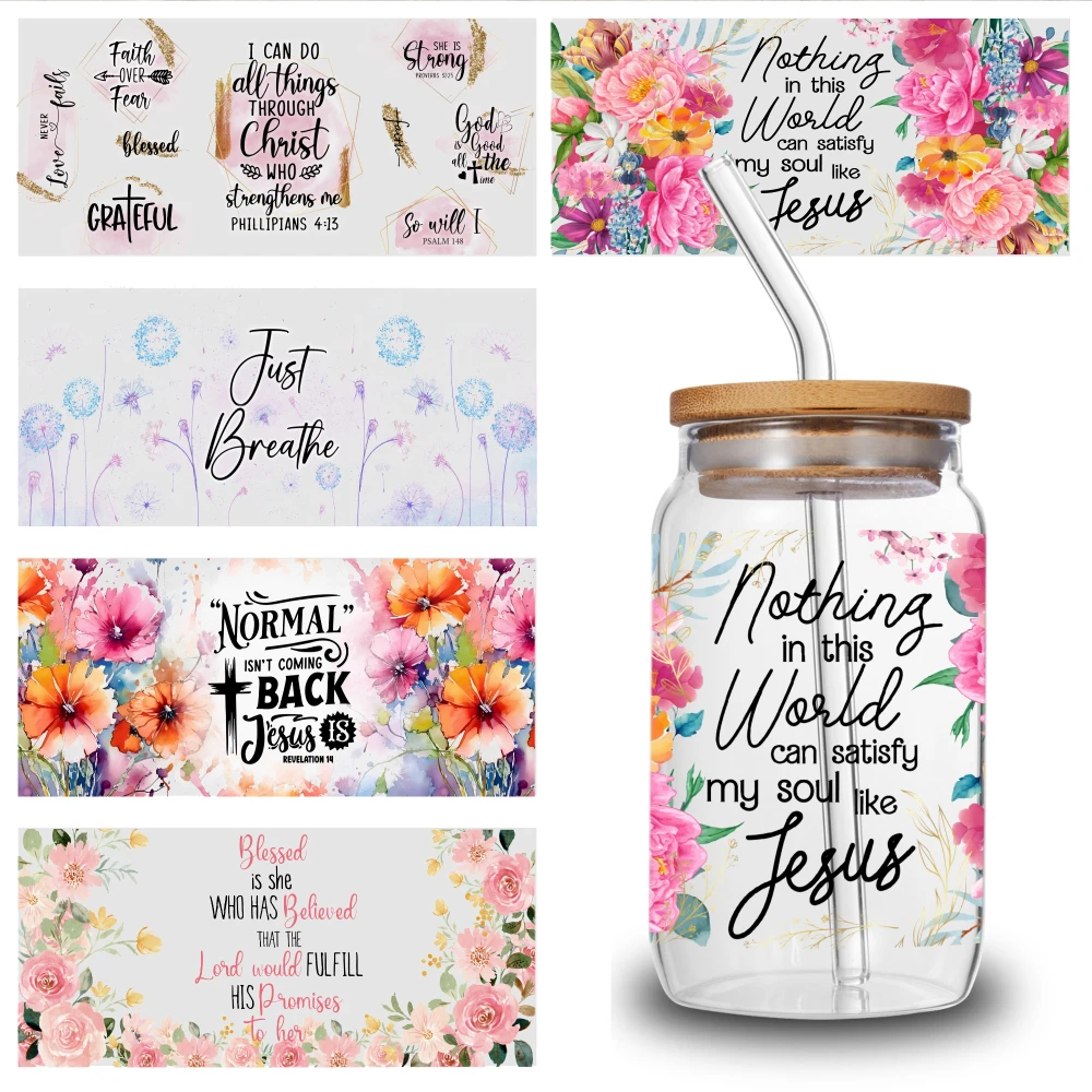 Autocollants UV DTF en verre, 5 feuilles, versets de la Bible floraux, encouragement du jésus Normal, transfert DTF