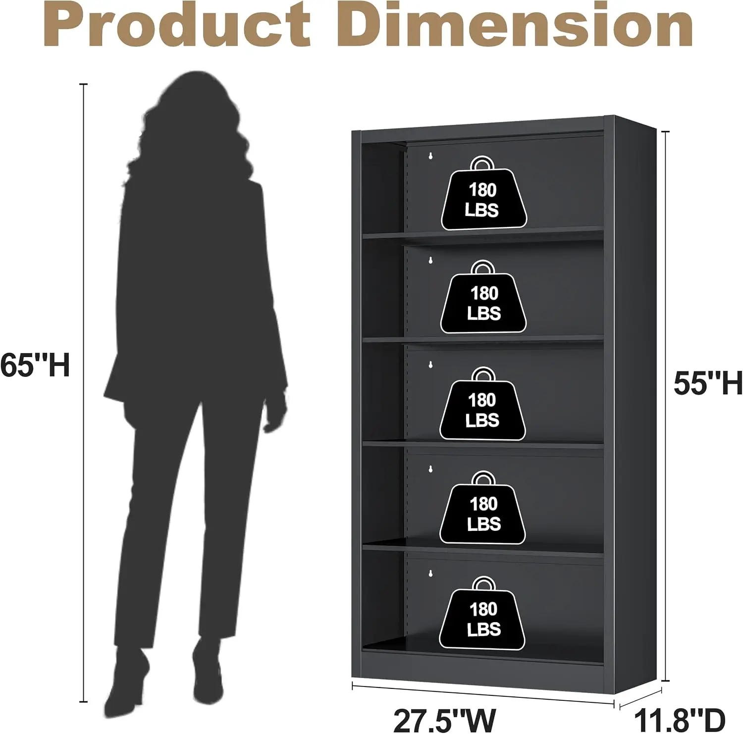5 Shelf Bookcase, Black Bookcase with Adjustable Shelves, Heavy Duty Bookshelf for Storage, Book Case, Customized