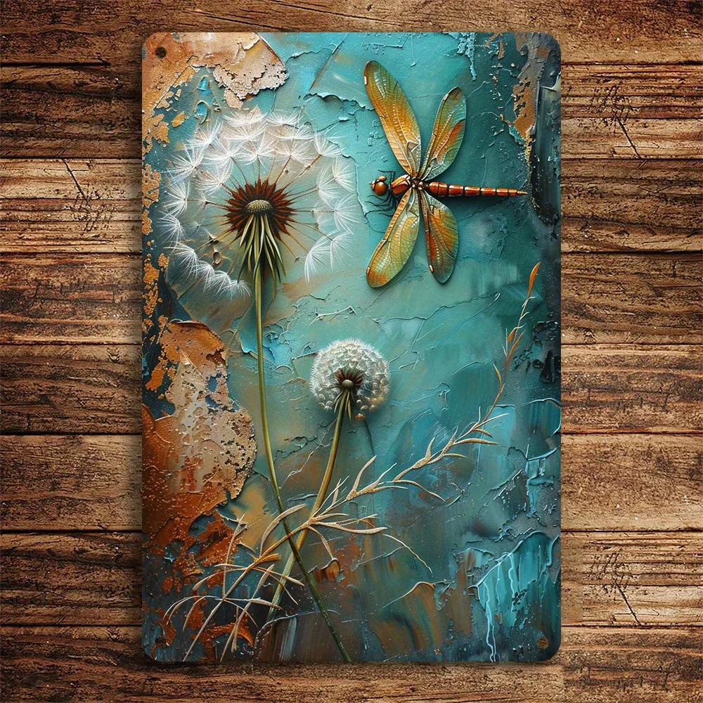 Dandelion Dragonfly Vintage โลหะแผ่นเหล็กเหล็ก Wall Art ตกแต่งเหมาะสําหรับตกแต่งกลางแจ้งในร่มขนาด 8x12 นิ้ว