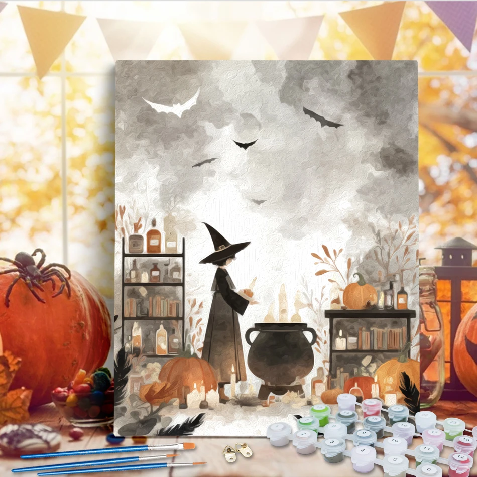 

RUOPOTY Painting By Number Canvas Picture Witch Halloween simple illustration hand drawn Paint Kit Color Markers Kits Decorative