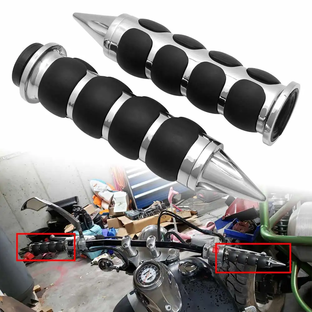 Motorcycle Handle Grips For Harley Davidson 1982-2024 Billet Aluminum And Rubber Chrome Spike Style Non Slip Design Comfort Grip