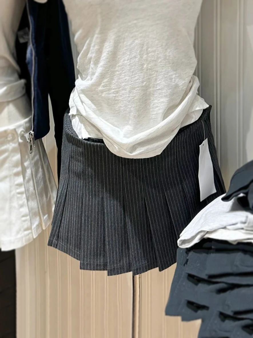

Stried Deep Grey Mini Pleated Skirts Women Autumn Low Waist A-line Cotton Short Faldas Female Vintage Preppy Style Skirt Y2k