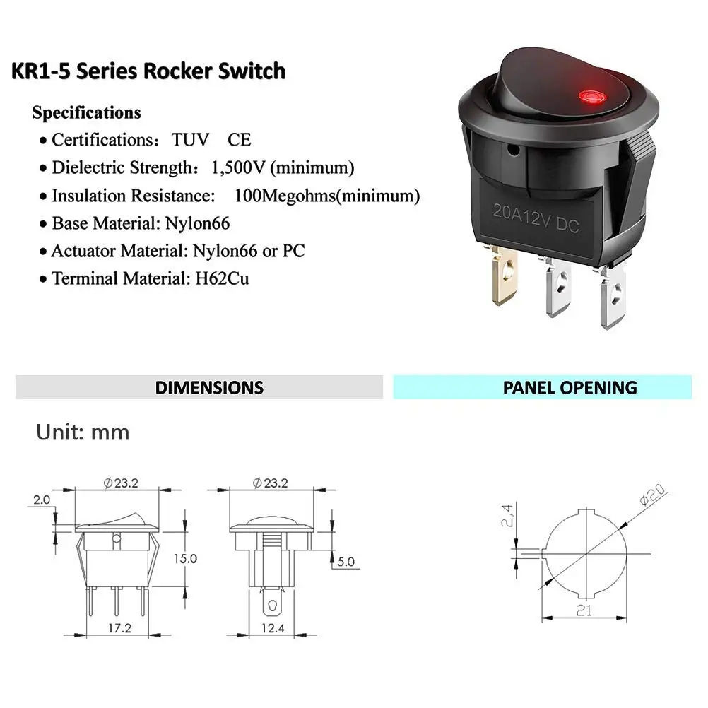 20Pcs 3 Pin 12V 20A Amps Car Truck Rocker Round Toggle LED Switch On-Off Control, Blue, Green, Yellow, Red