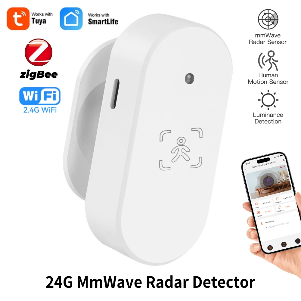 Tuya WiFi ZigBee Smart Human Presence Sensor 24G MmWave Radar Detector with Light Sensor Security Protection Motion Sensor