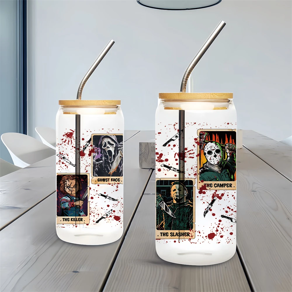 ملصقات نقل كأس DTF للأشعة فوق البنفسجية للهالوين الزجاجي لشخصيات الفيلم المخيف الكبيرة فرك على ملصقات الأكواب للحرف اليدوية