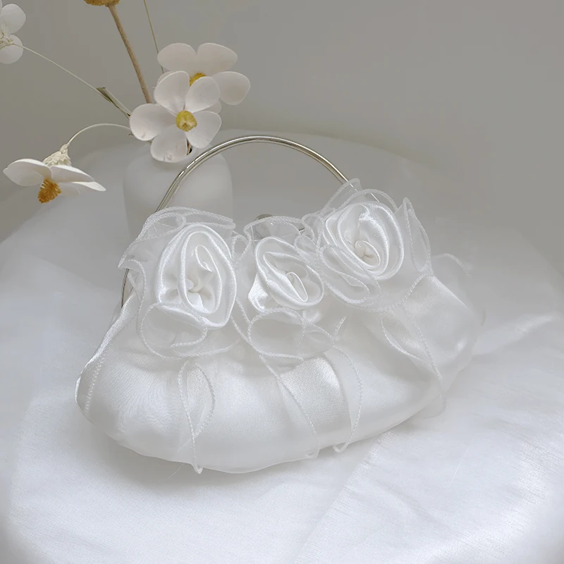 

Satin Rose Flower Bridal Clutch Handbag Evening Bag Elegant Purse For Bridesmaid Wedding Party Formal White Handle Bag