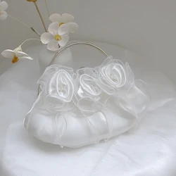 Satin Rose Flower Bridal Clutch Handbag Evening Bag Elegant Purse For Bridesmaid Wedding Party Formal White Handle Bag