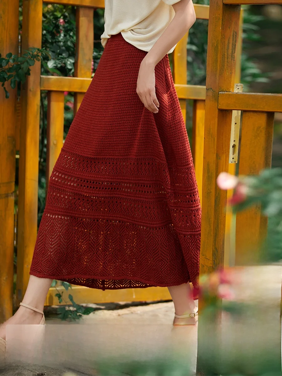 

XiaoHanGe Bohemian Vacation Style Cooling Effect Linen Cotton Knitted Skirt Women's Business Casual mid Waist A-Line Skirt