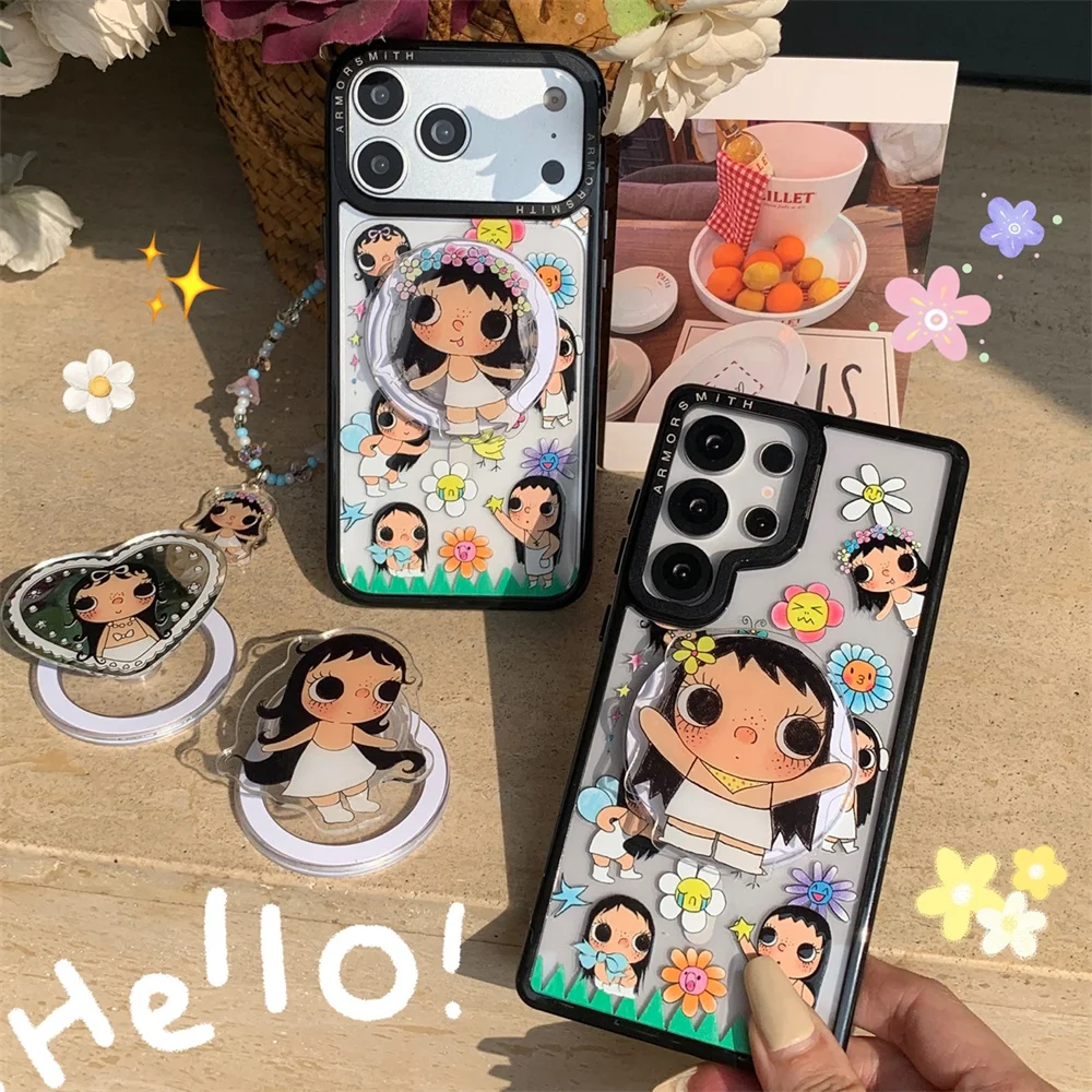 Cute Flowers Girl Cartoon Magnetic Phone Case for Samsung Galaxy S25 S26 plus S23 Ultra S26 S24FE With Magsafe Stand Chain Funda