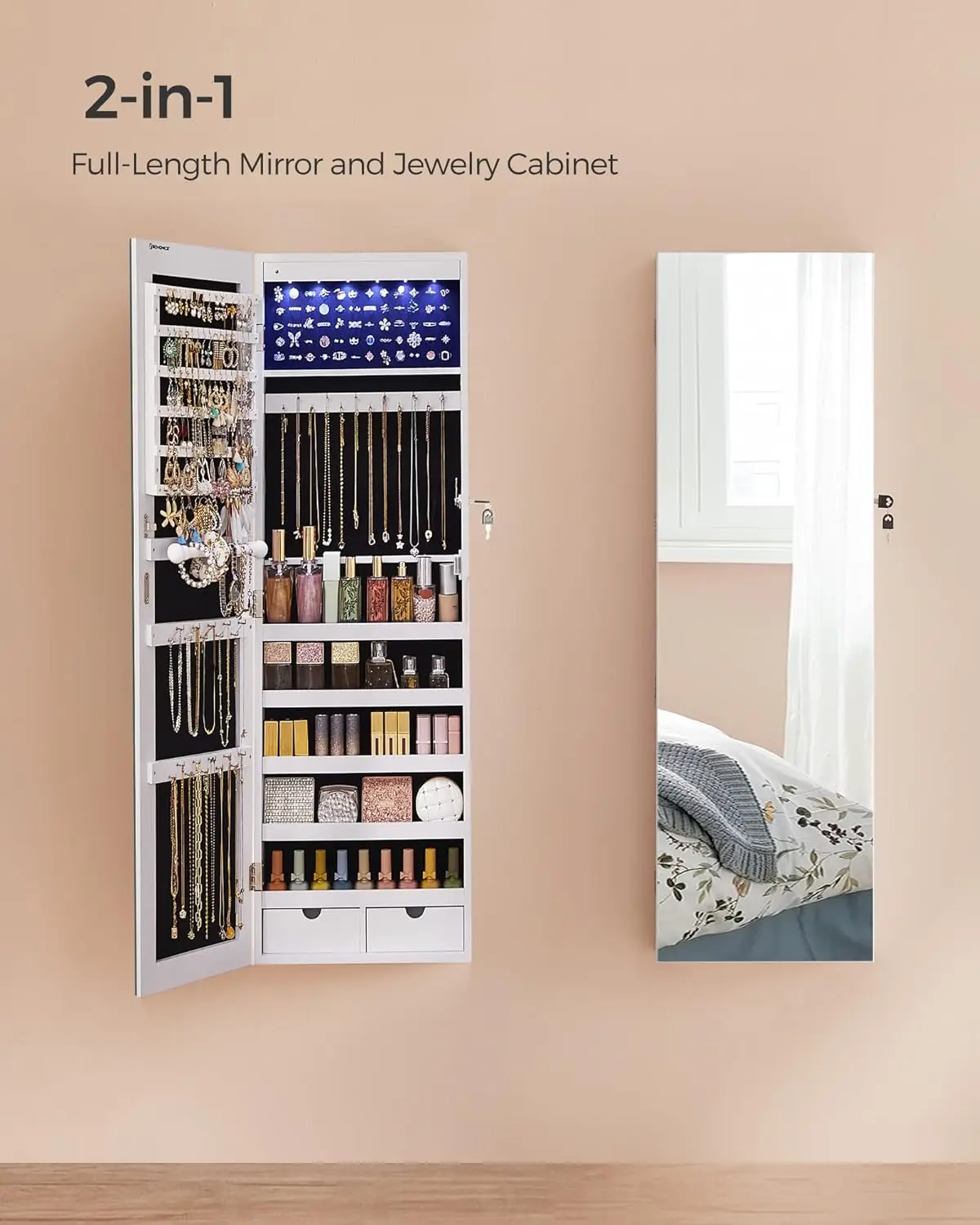 Hanging Jewelry Cabinet, Wall-Mounted Cabinet with LED Interior Lights, Door-Mounted Jewelry Organizer, Full-Length