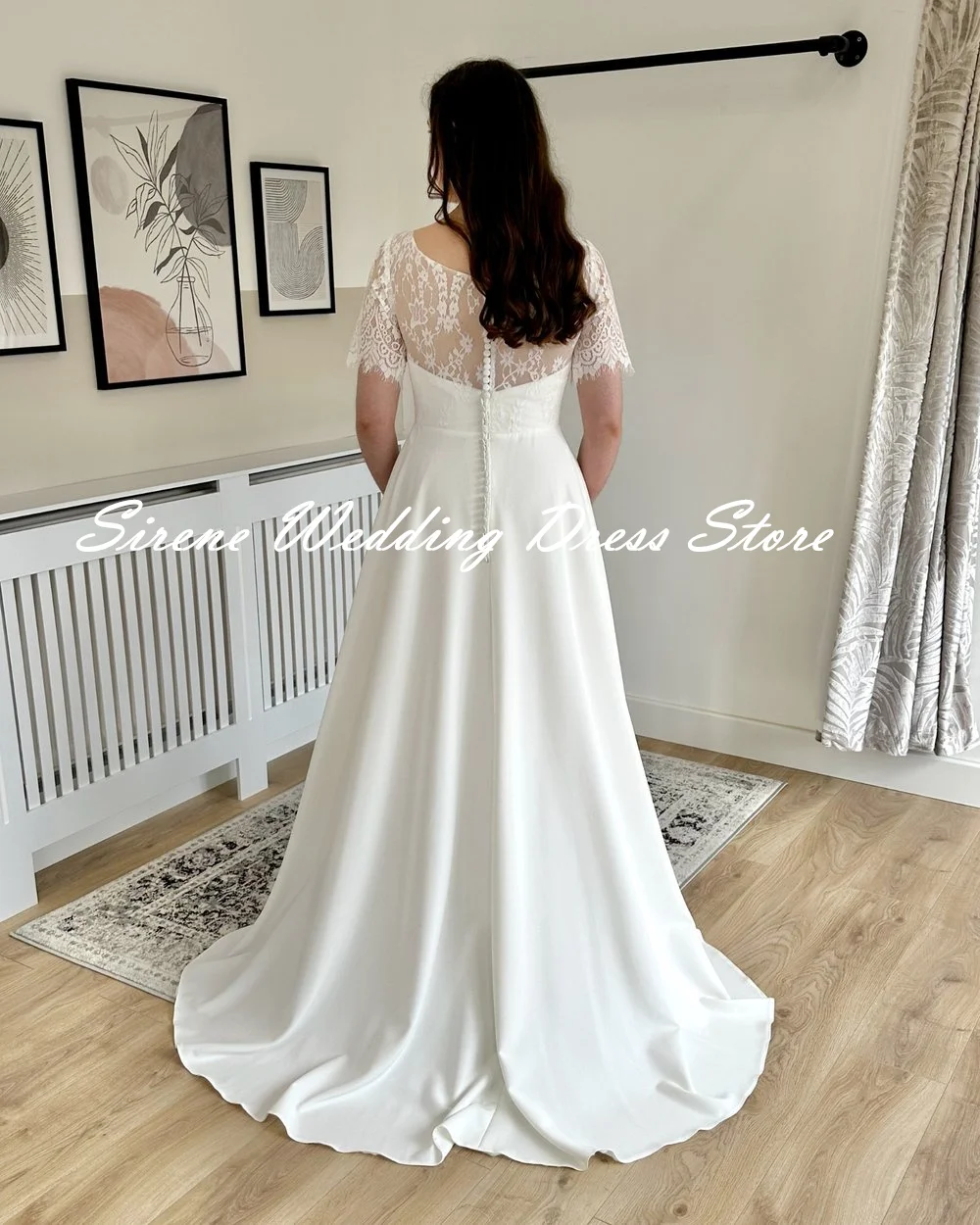 Sirene o Hals Brautkleid für Frauen kurze Ärmel Spitze Applikationen zurück Knopf Tüll einfache Braut Kleid Robe de Mariée