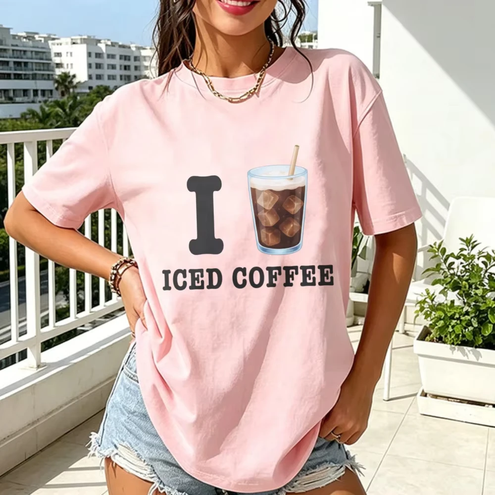 I Love Iced Coffee Lover Graphic Tee Summer Short Sleeve Crew Neck Pink Tshirt Straw Ice Cubes Barista Gift Cute Beverage Tees