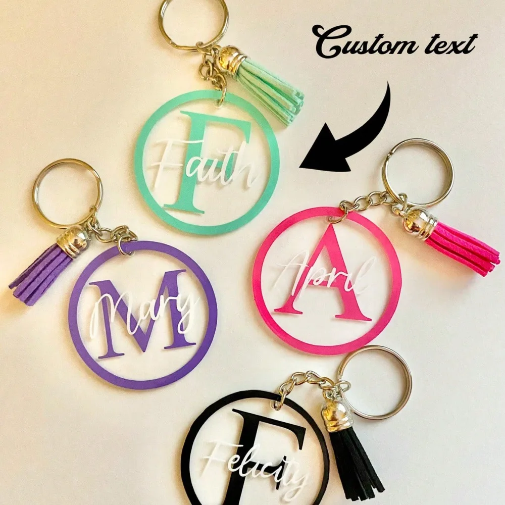 

Acrylic Custom Letter Combination Round Keychain Tassel Pendant Personalized Initial and Name or Words Backpack Keyring Gift