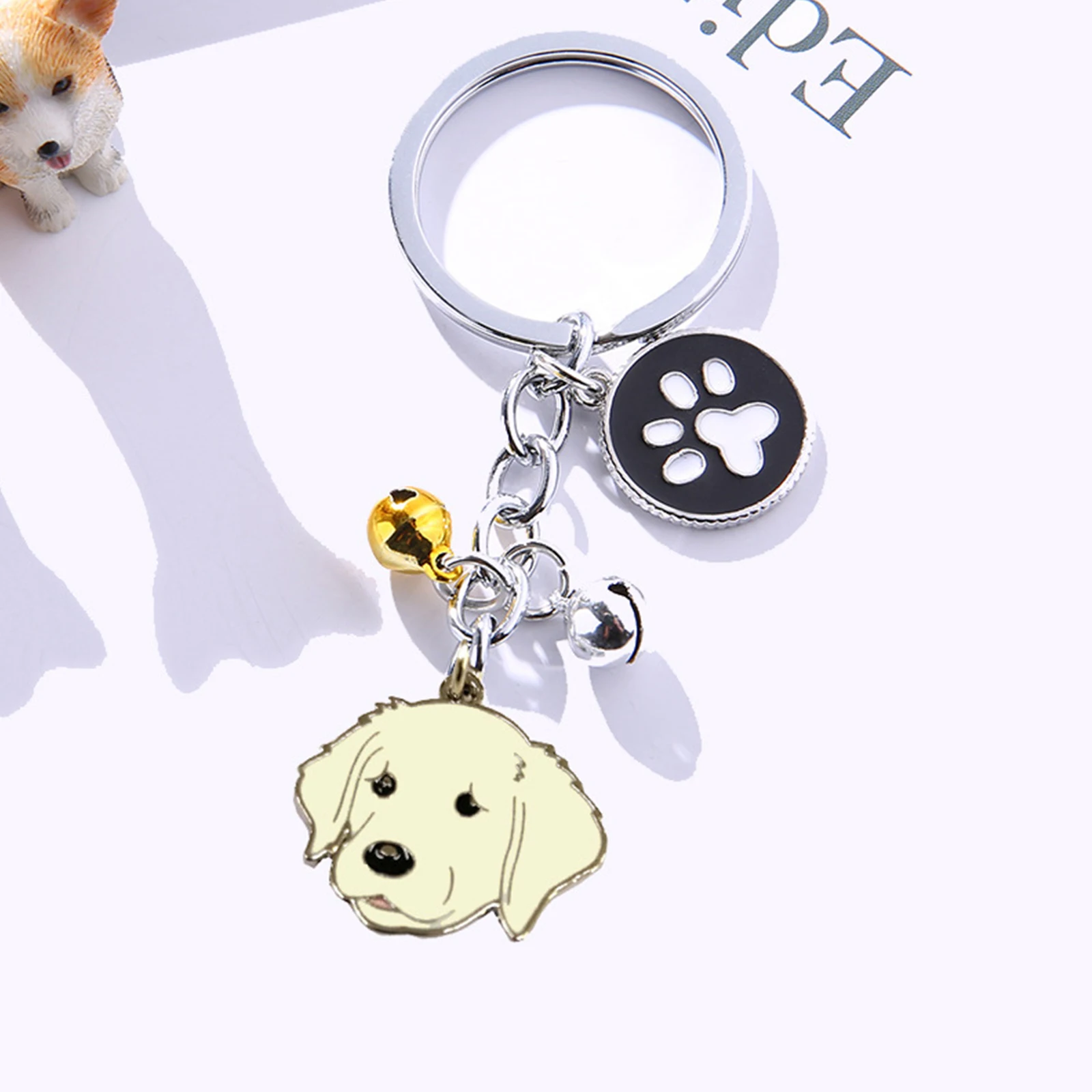 DoreenBeads Fashion Pet Memorial Keychain Silver Color White Maltese Animal Bell Enamel Keyring Women Girls Jewelry 10cm, 1Piece