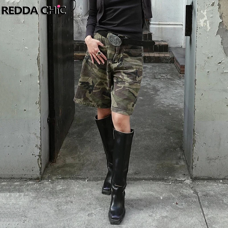 

ReddaChic Women Camouflage Cargo Short Pants Washed Oversize Casual High Waist Knee Long Baggy Jeans Jorts Summer Retro Clothes