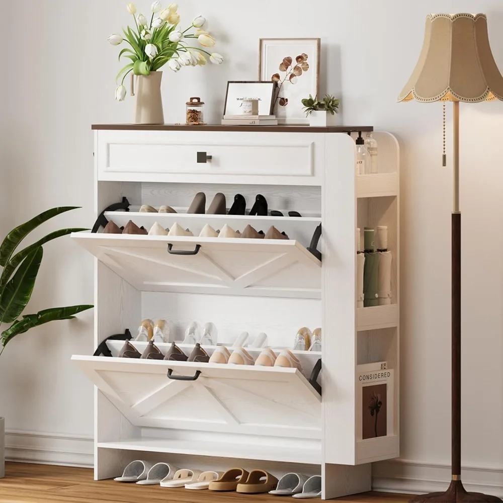 

Shoe Cabinet, Cabinet with 2 Flip Drawers & Barn Door Design, Freestanding Shoe Cabinet Organizer with Drawer and Shelves