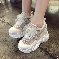 Women's Vulcanize Shoes Sneakers Platform 14cm Wedge Heel Silk Bow White Female Casual Hollow Out Lace Lace-up Sports High Heels