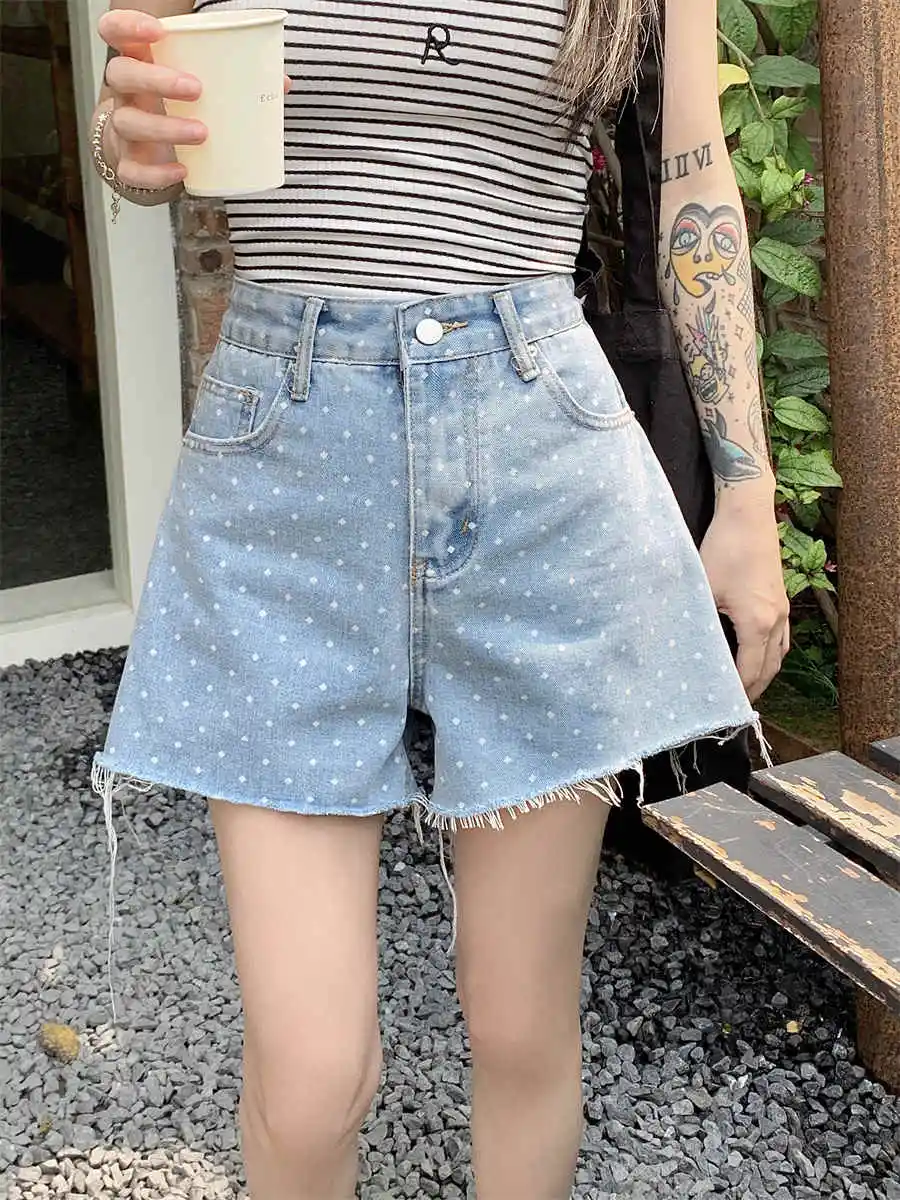 

Slergiri Polka dot raw hem denim shorts women summer korean style vintage high waist female loose casual wide leg jean shorts