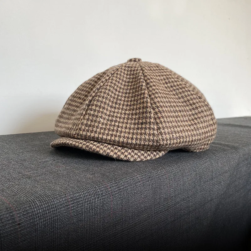 Octagonal Cap Women Men Autumn Coffee Brown Retro Plaid Newsboy Hat British Style Beret Cap