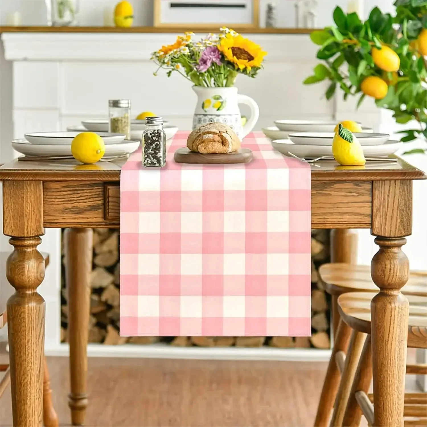 Pink White Checked Plaid Fresh Linen Table RunnersTable Decor Washable Dining Table Runners Holiday Party Decorations