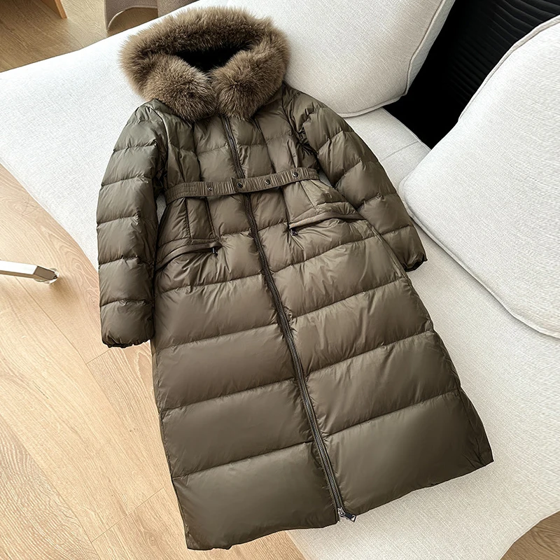 2024 Winter Big Fox Fur Collar Women Long White Duck Down Coats Fashion Slim Waist Thick Female Warm Hooded Down Jacket Clothes