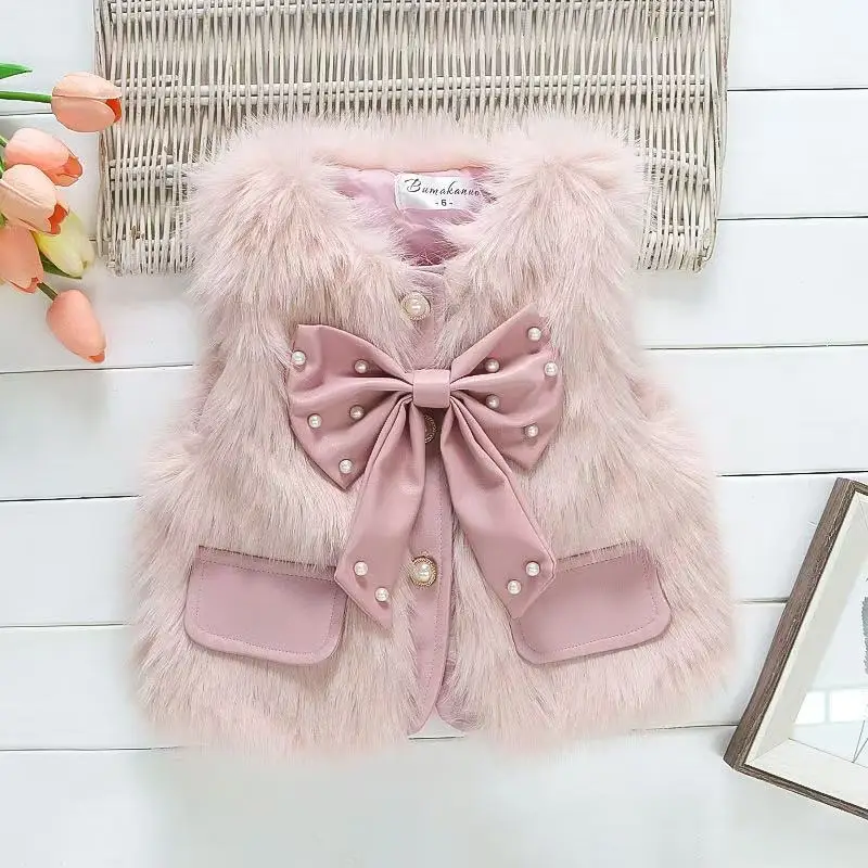 

Children's Bow Nail Bead Imitation Fur Vest Female Baby Autumn/Winter New Style Baby Girl'S Vest Suitable For 0-3 Years Old