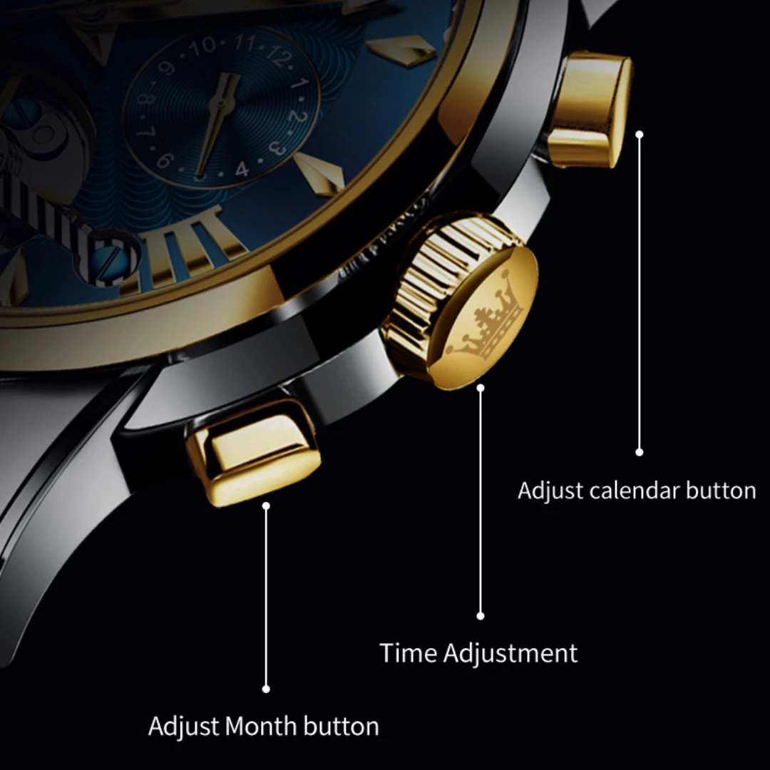 OLEVS 9965 reloj mecánico de moda regalo esfera redonda correa de reloj de pulsera de acero inoxidable pantalla de mes calendario de visualización semanal